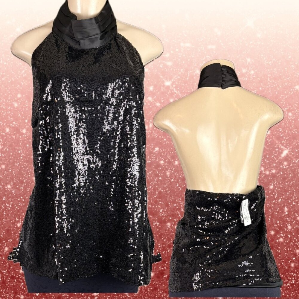New York & Co. +4X Black Sequin Lined High Satin Neck Open Back Halter Blouse